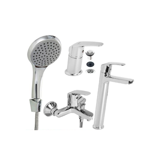 Combo de griferia Mozart Kabul lavatorio bajo - bidet s/t - ducha ext. c/t Cr (0433)