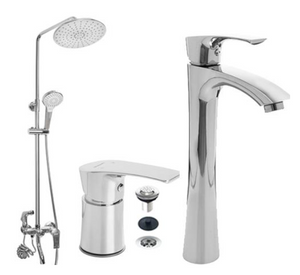 Combo de griferia Mozart Oslo lavatorio alto - bidet s/t - barral ducha c/ duchador Cr (0459)