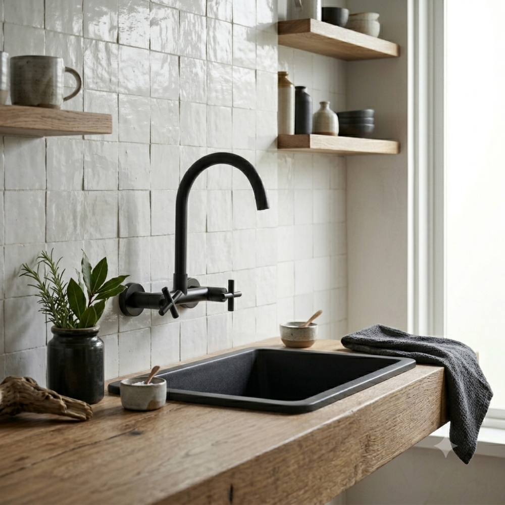 Grifería de Cocina de Pared Doble Comando Mozart Texas Negra (7074)