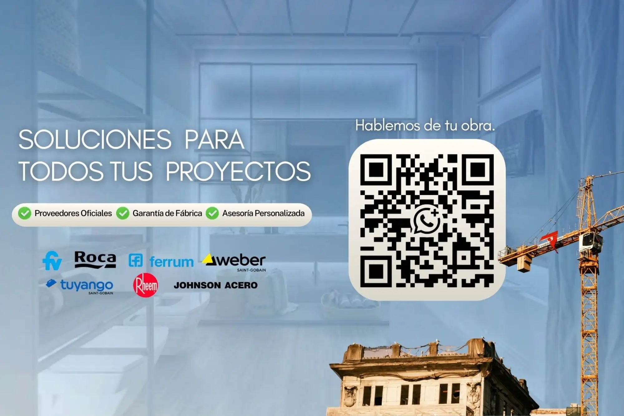 Anuncio de construcción con tonos azules que presenta un código QR y logotipos de proveedores de construcción.