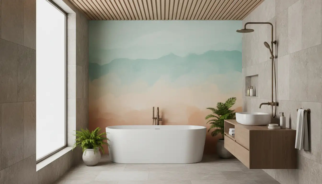 Bañera exenta blanca con acabado suave y brillante y diseño minimalista