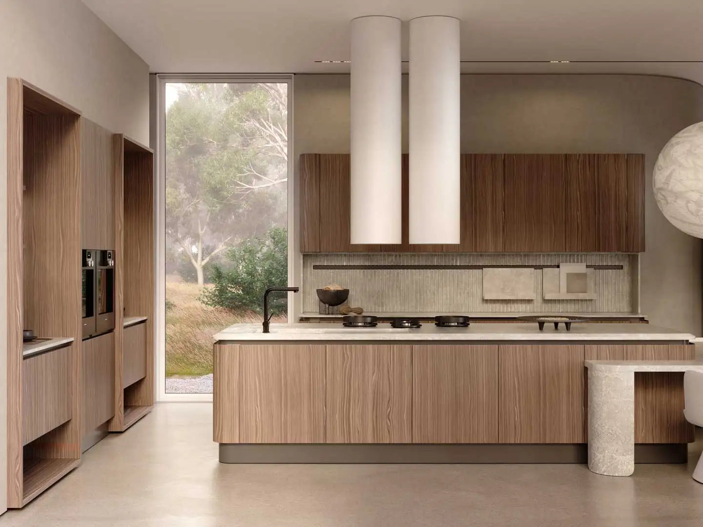 Cocina moderna con elegantes gabinetes de madera, una encimera blanca y dos campanas de ventilación cilíndricas altas.