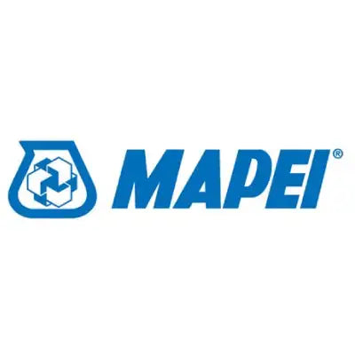 Logotipo azul de mapei que muestra un emblema geométrico estilizado junto al nombre de la marca en letras negritas y mayúsculas.