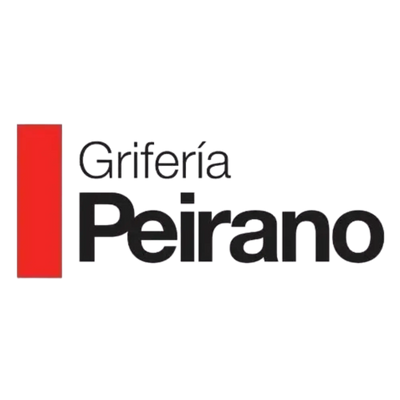 Logotipo con barra vertical roja y el texto «griferia peirano» en negro, en una tipografía sans-serif.