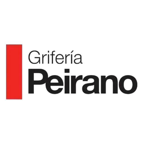 Logotipo con barra vertical roja y el texto «griferia peirano» en negro, en una tipografía sans-serif.
