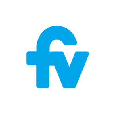 Logotipo estilizado en azul de 'fv' sobre un fondo negro.
