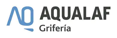 Logotipo del grifo Aqualaf que presenta un emblema azul estilizado «aq» junto al nombre de la marca en letras negras en negrita.