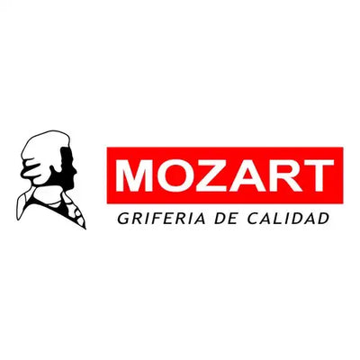 Logotipo de la marca Mozart que muestra una silueta en blanco y negro de Wolfgang Amadeus Mozart en perfil, junto a un texto rojo intenso con la palabra "MOZART" en letras mayúsculas.
