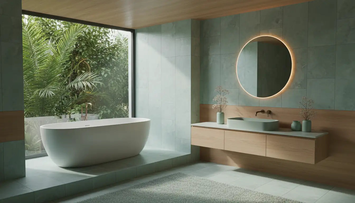 Moderna bañera independiente con un acabado blanco elegante y un diseño minimalista.