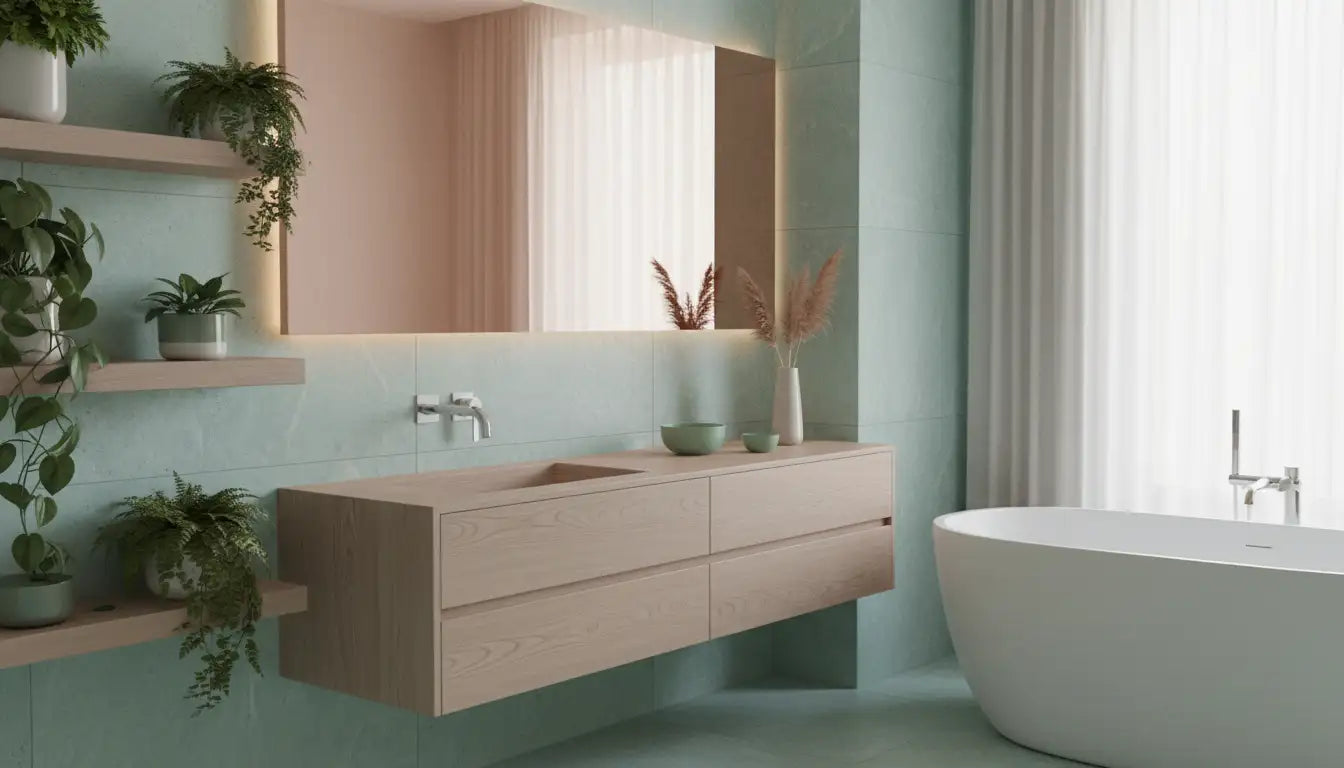 Mueble flotante de madera clara con lavabo integrado y grifo metálico elegante